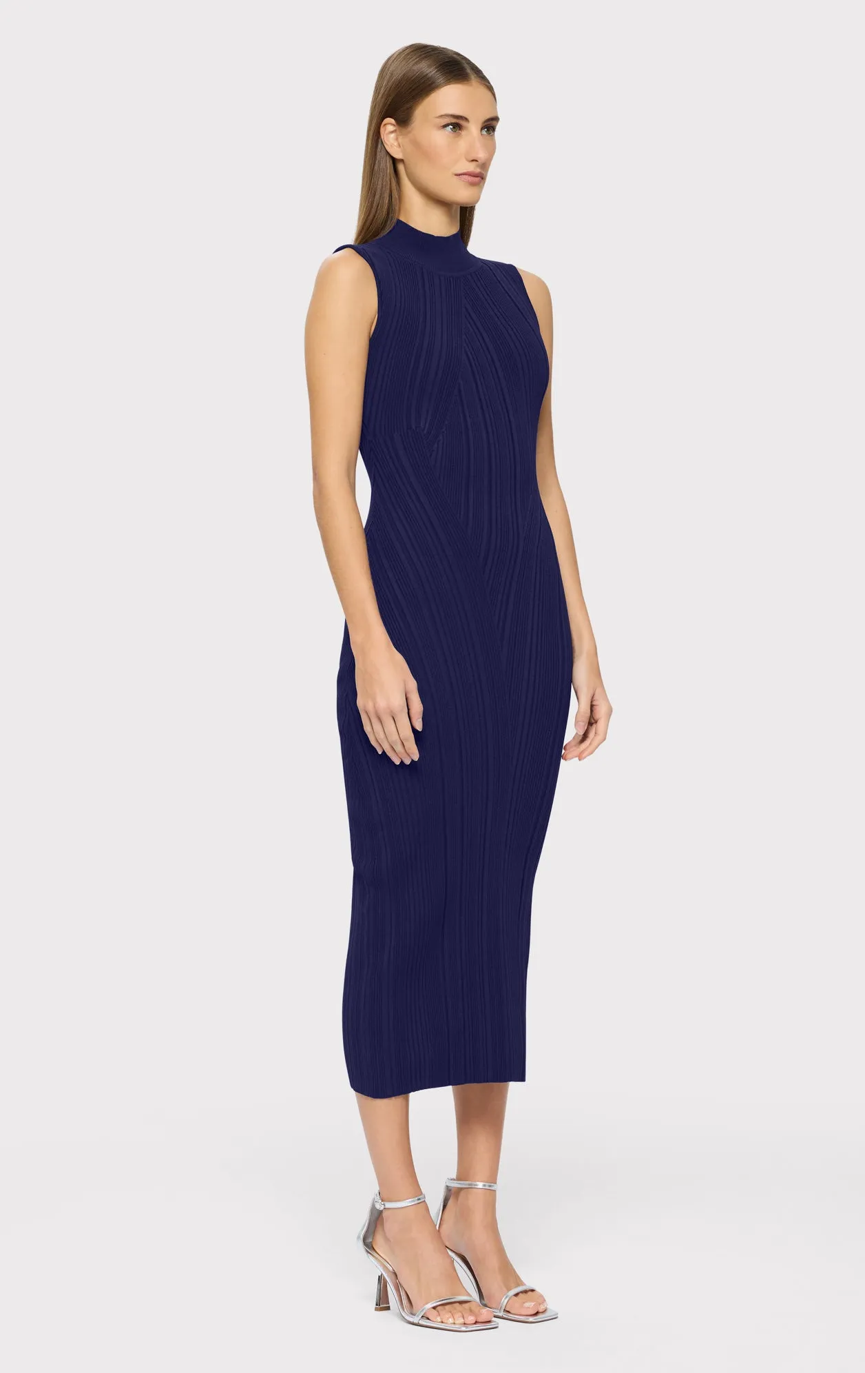 RIB KNIT SLEEVELESS TURTLENECK DRESS