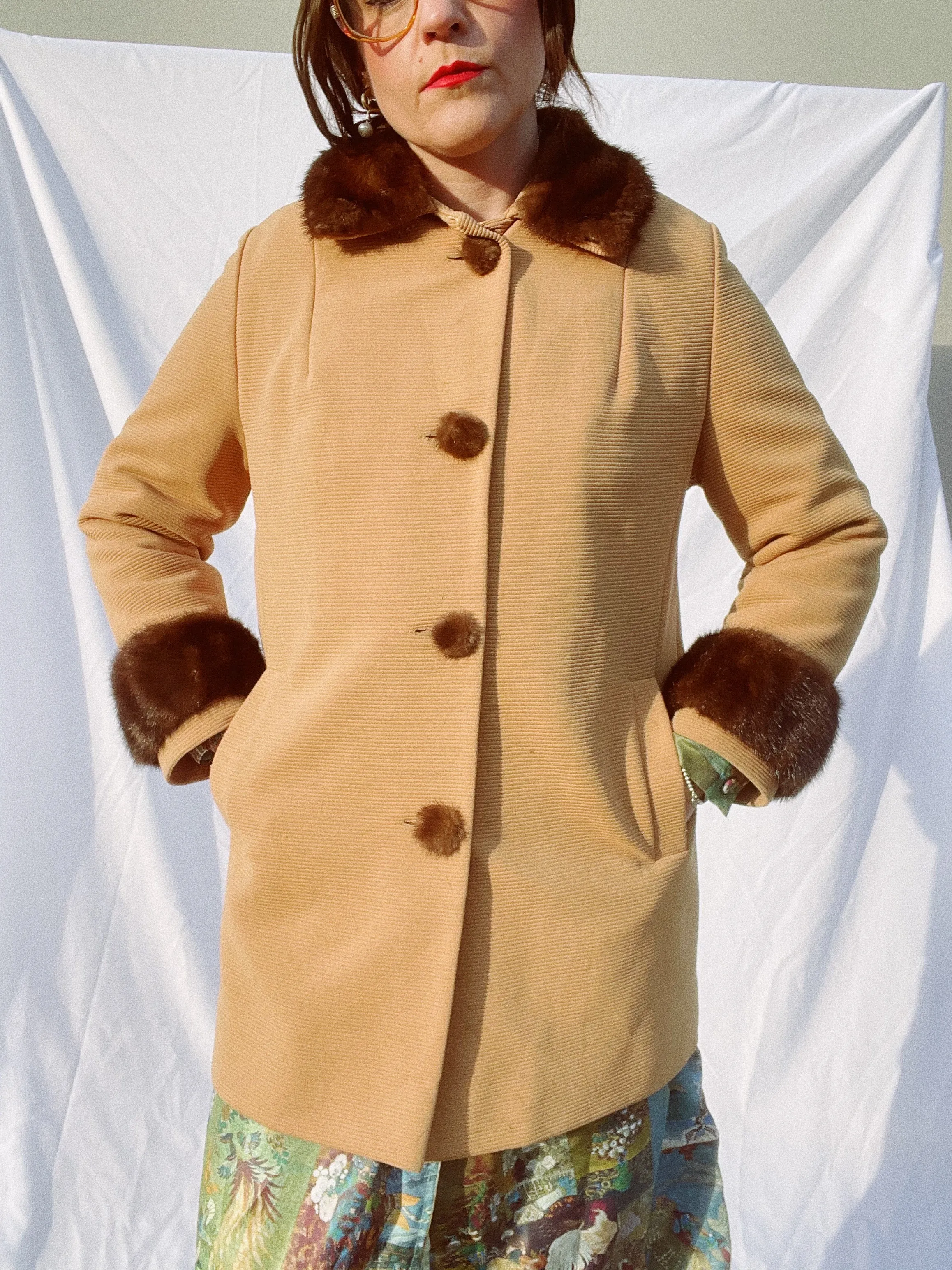 Ribbed Coat with Fur Trim