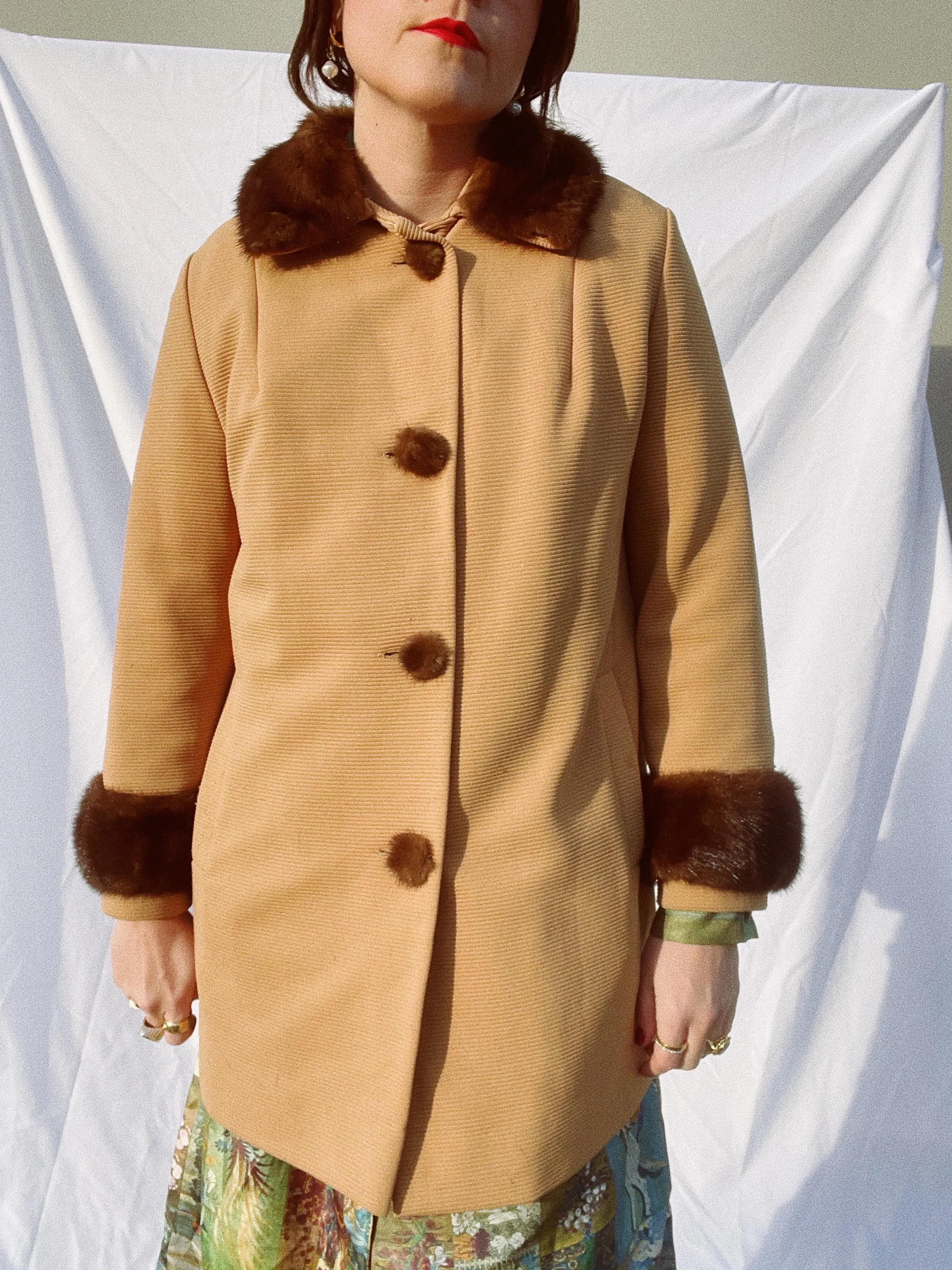 Ribbed Coat with Fur Trim