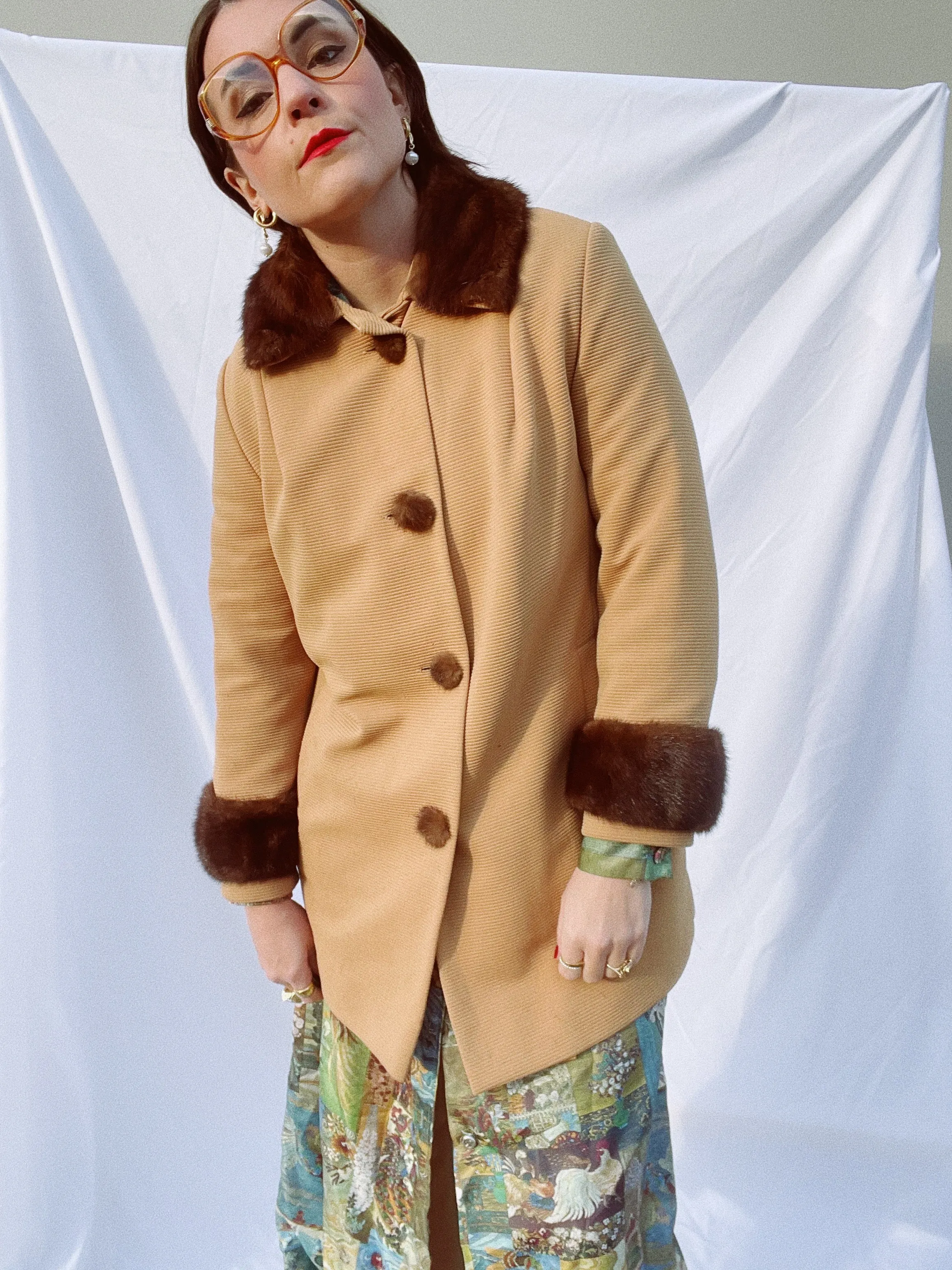 Ribbed Coat with Fur Trim