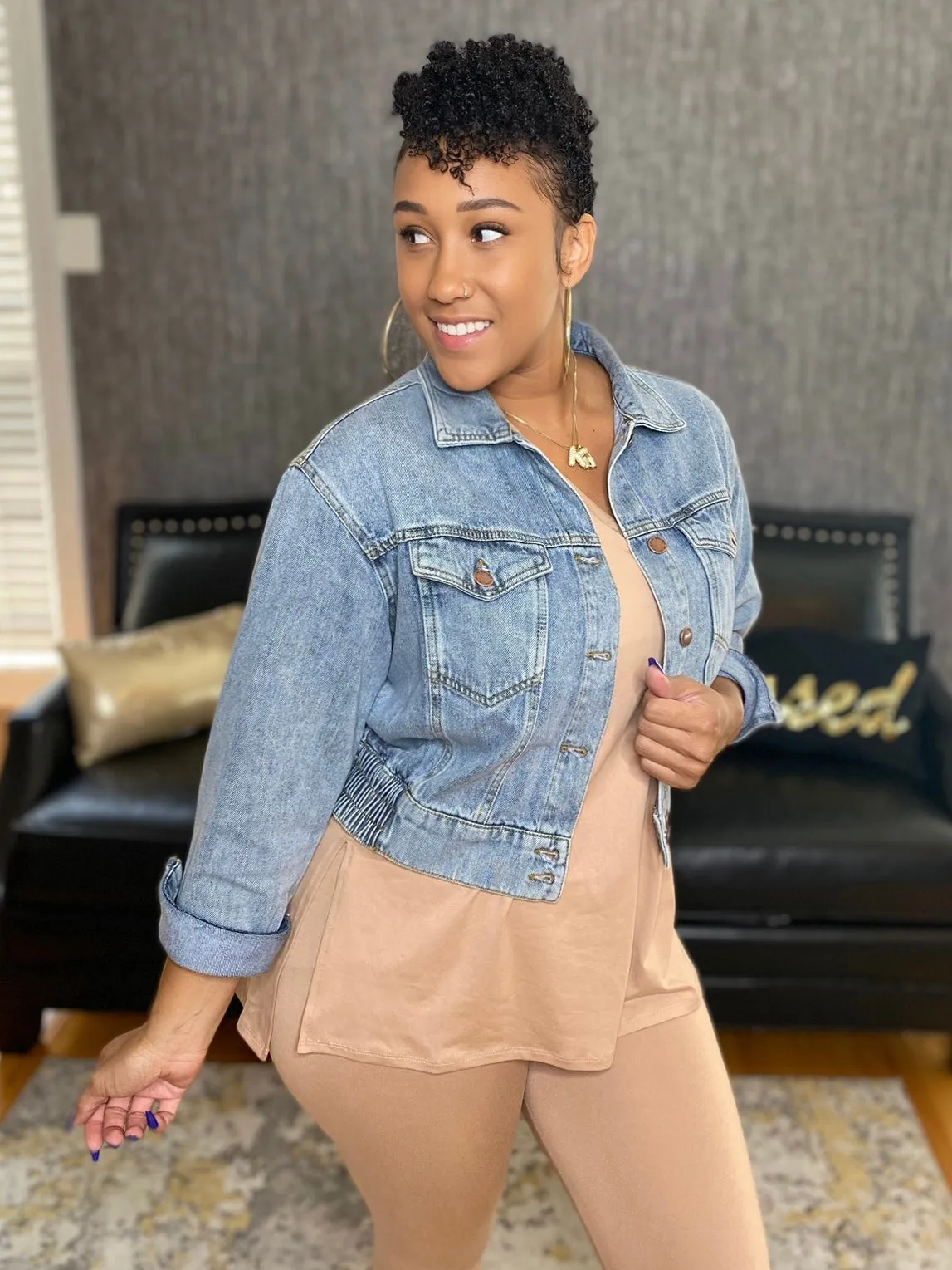 RISEN Button Down Cropped Bomber Denim Jacket