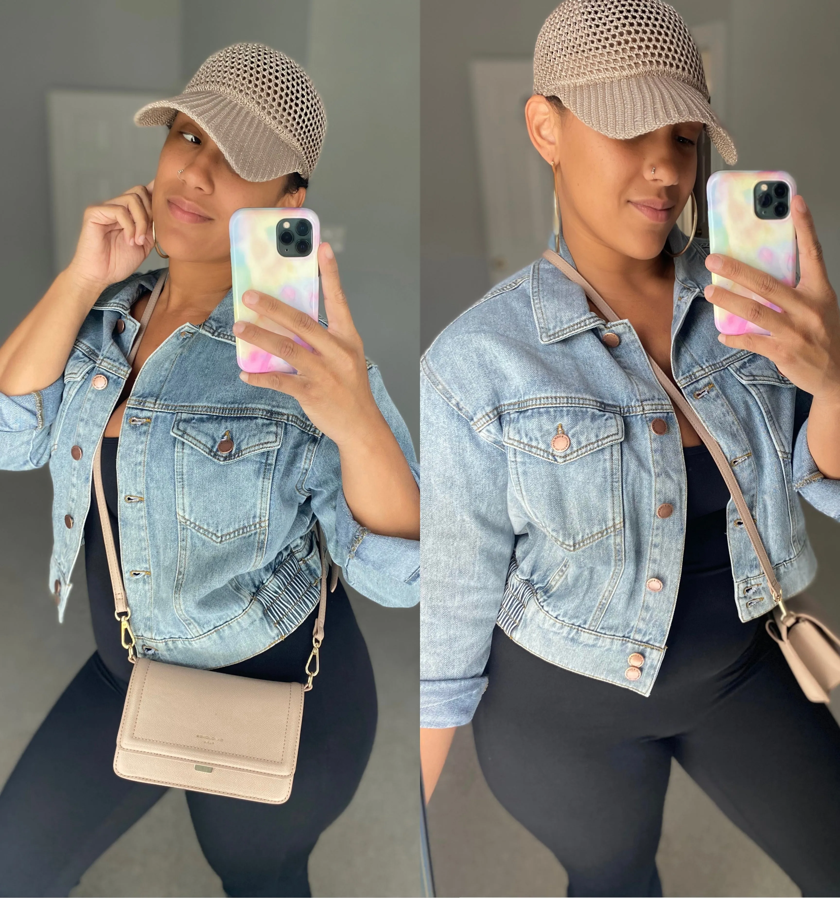 RISEN Button Down Cropped Bomber Denim Jacket