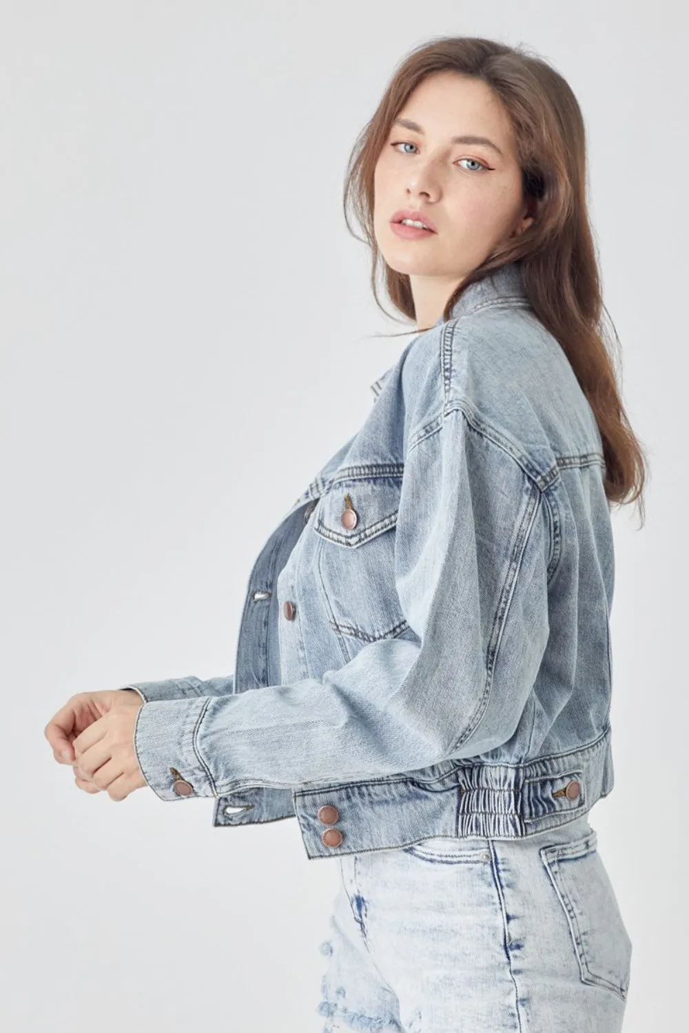 RISEN Button Down Cropped Bomber Denim Jacket