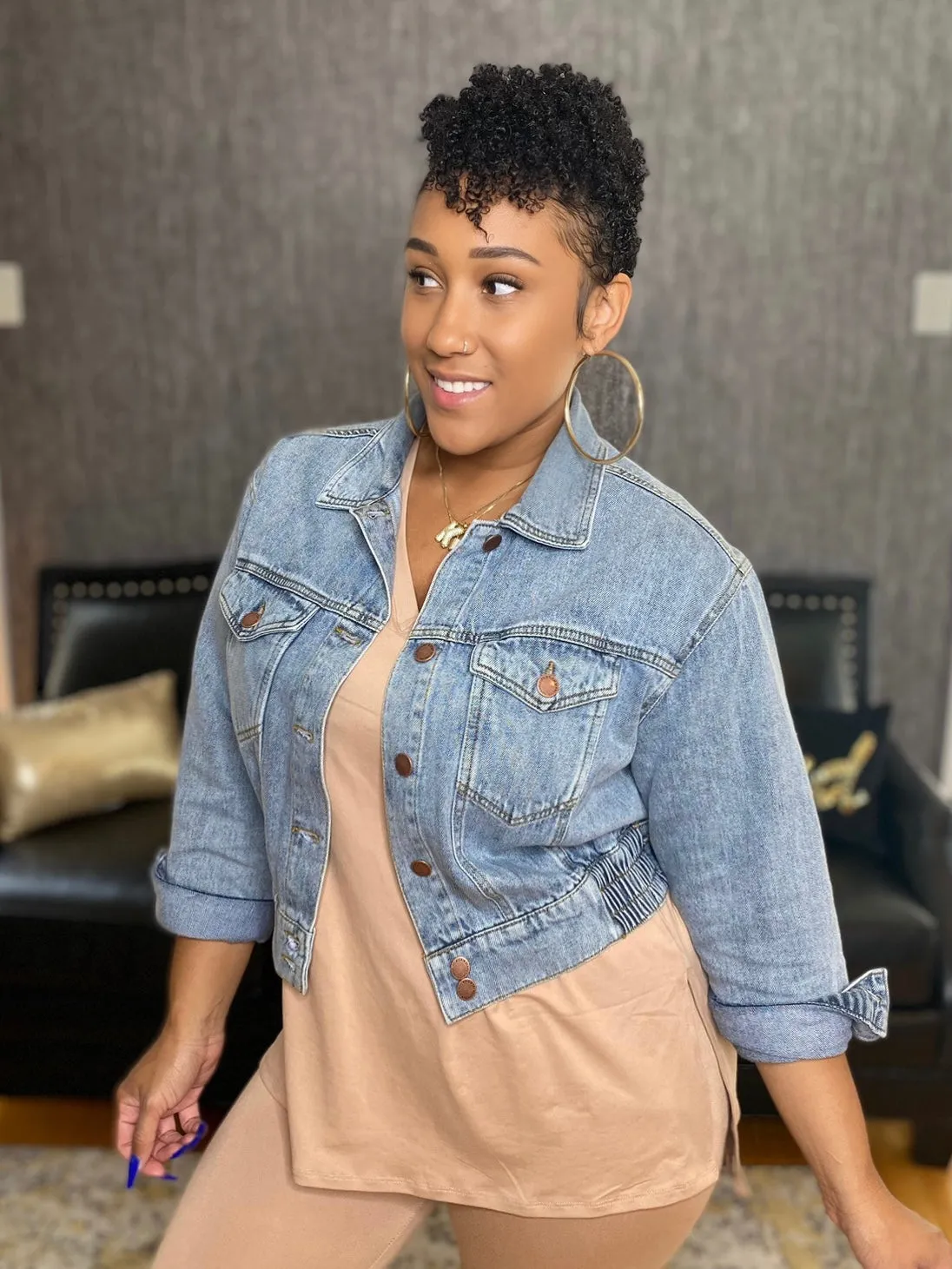 RISEN Button Down Cropped Bomber Denim Jacket