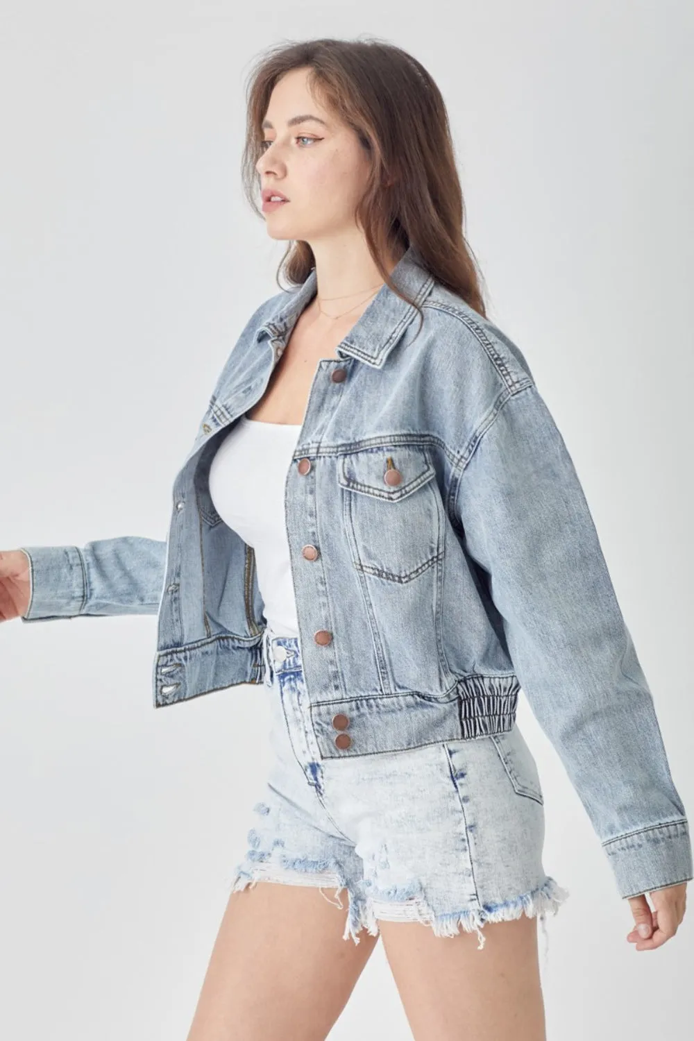 RISEN Button Down Cropped Bomber Denim Jacket
