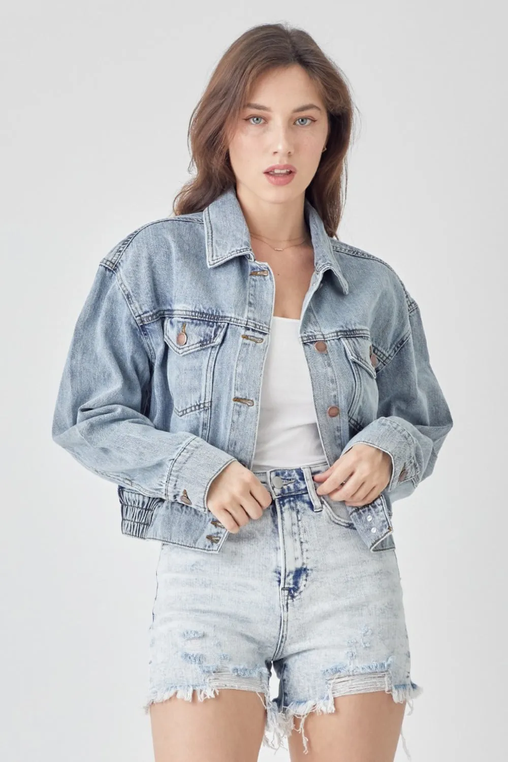 RISEN Button Down Cropped Bomber Denim Jacket