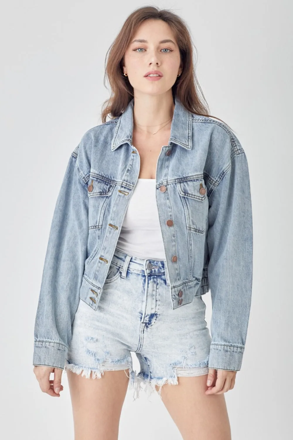 RISEN Button Down Cropped Bomber Denim Jacket