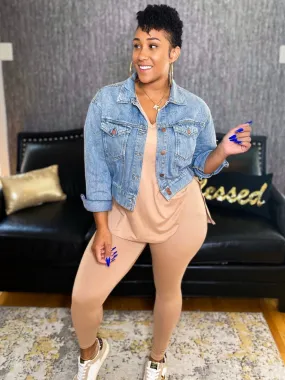 RISEN Button Down Cropped Bomber Denim Jacket