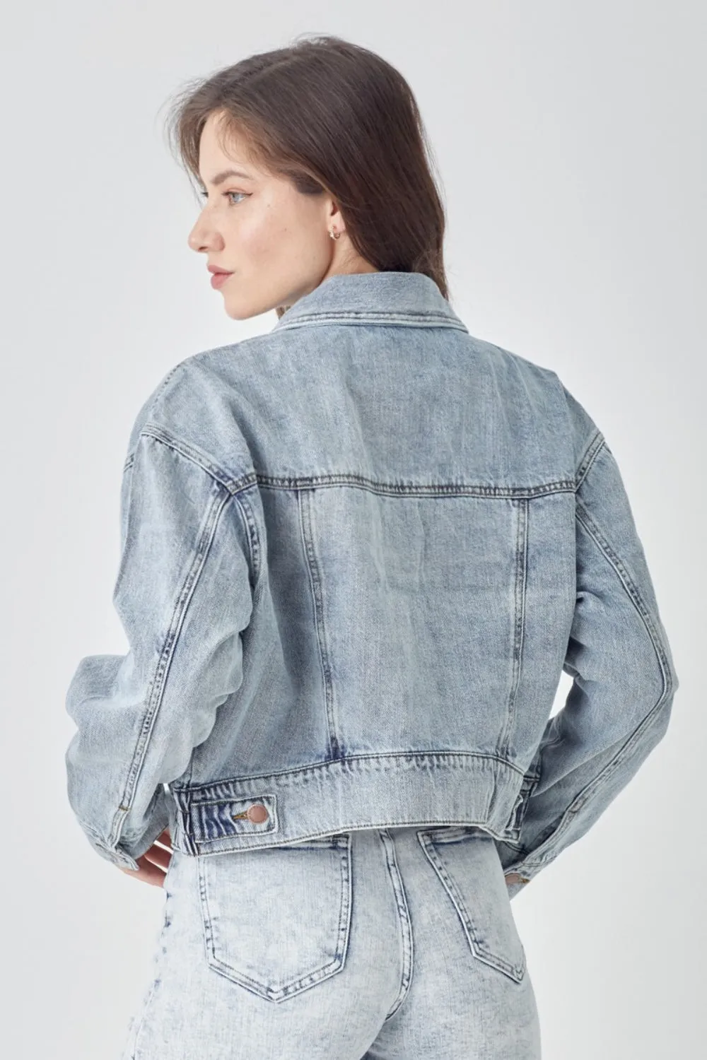 RISEN Button Down Cropped Bomber Denim Jacket