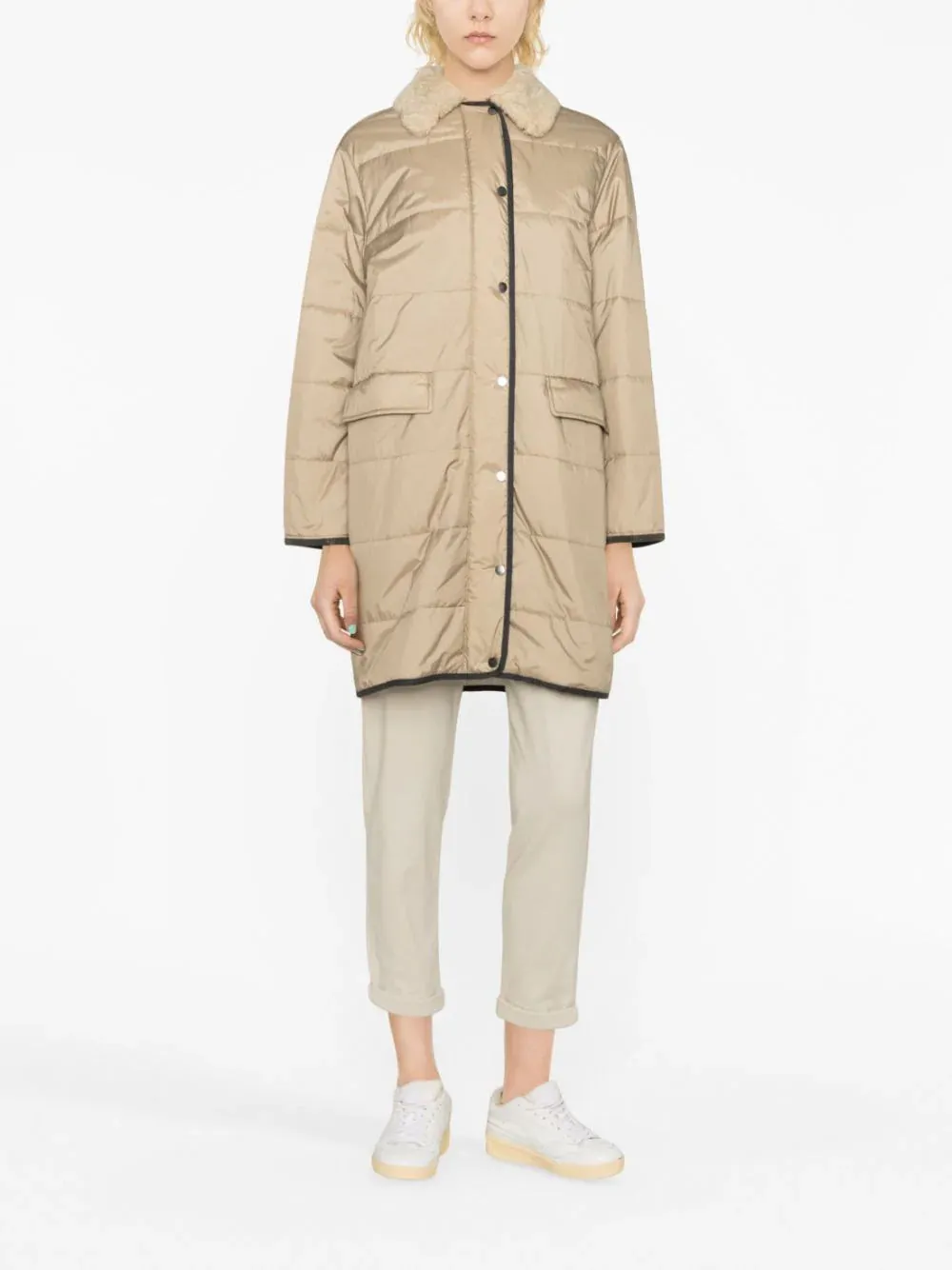 shearling-collar quilted single-breasted coat