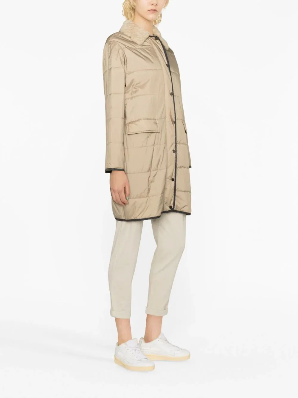 shearling-collar quilted single-breasted coat