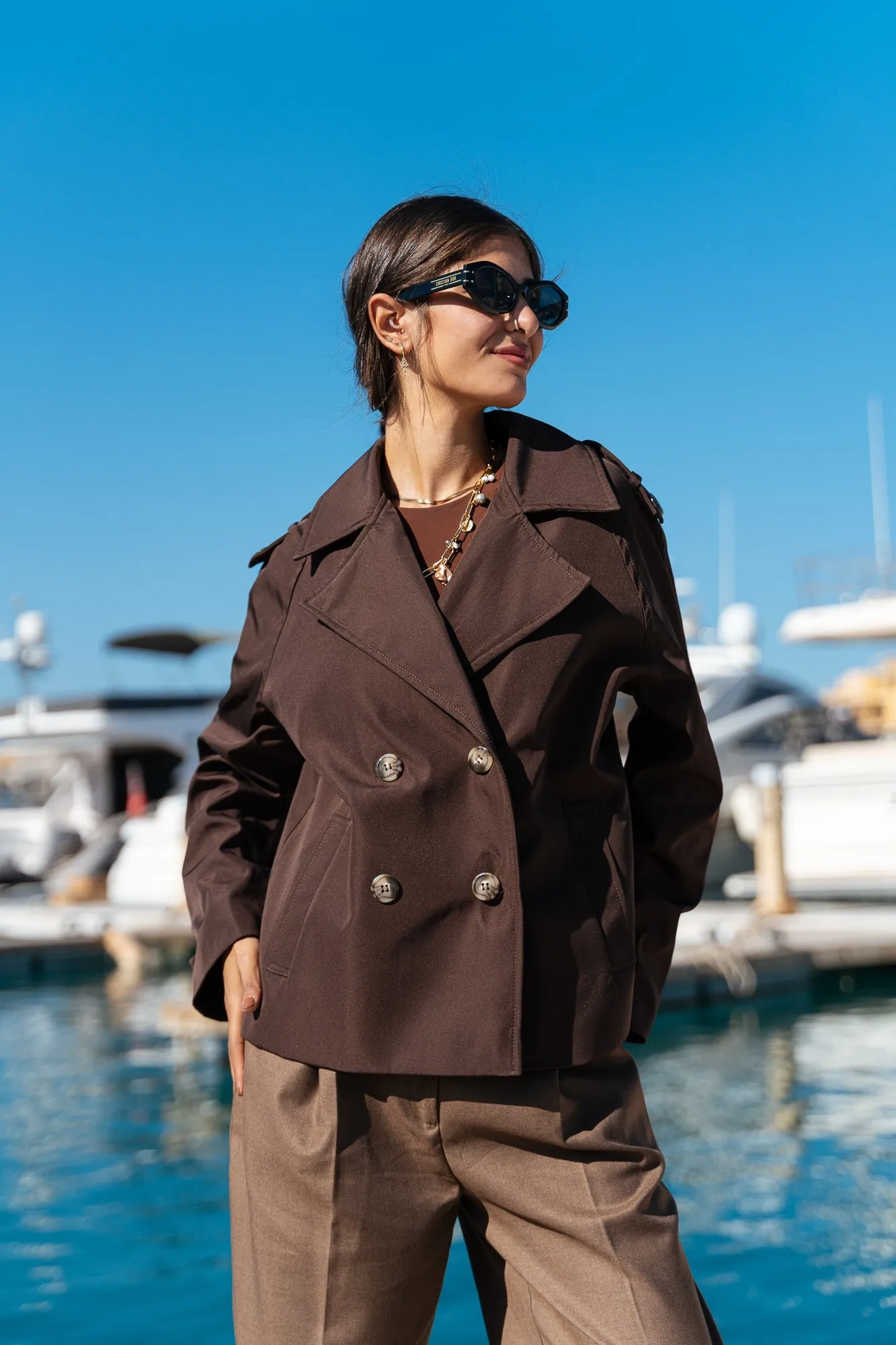 Short Trench  Women Coat - Chocolate Brown
