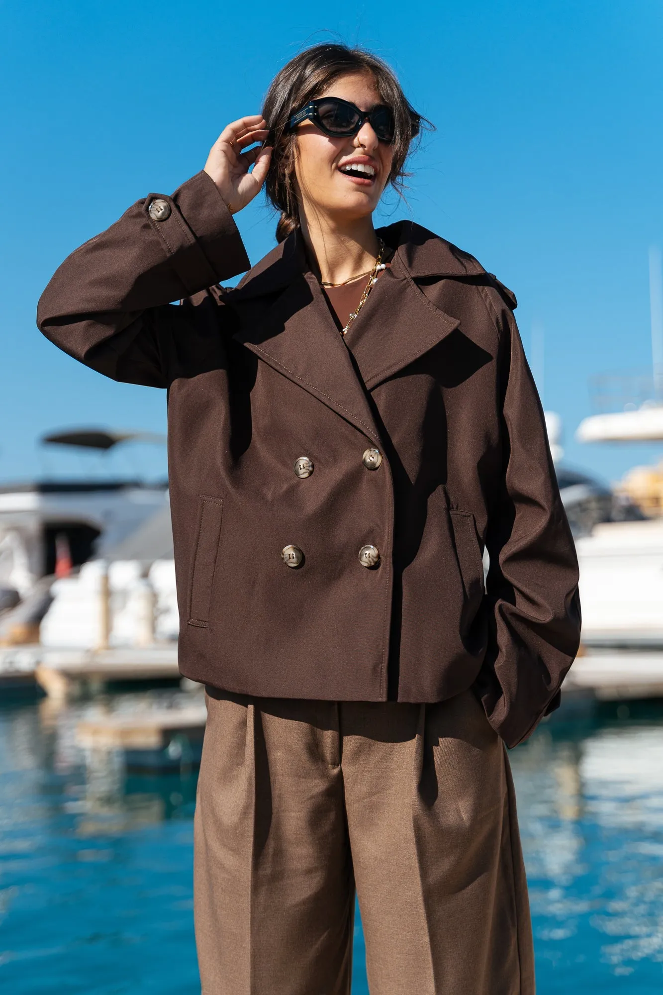 Short Trench  Women Coat - Chocolate Brown