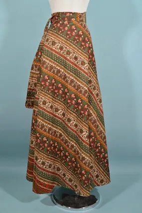 SOLD Vintage Indian Block Print Hippie Maxi Skirt, Wrap Skirt Attached Sash