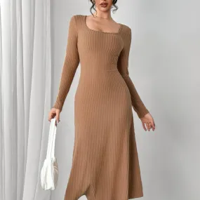 Square Neck Long Sleeve Midi Wrap Dress