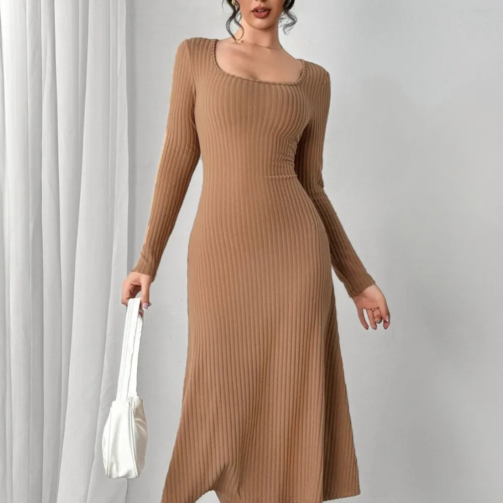 Square Neck Long Sleeve Midi Wrap Dress