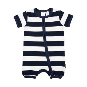 Stripe Short Sleeve Zip Romper Navy Stripe