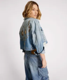 Studded Cropped Denim Jacket - Faded Blue