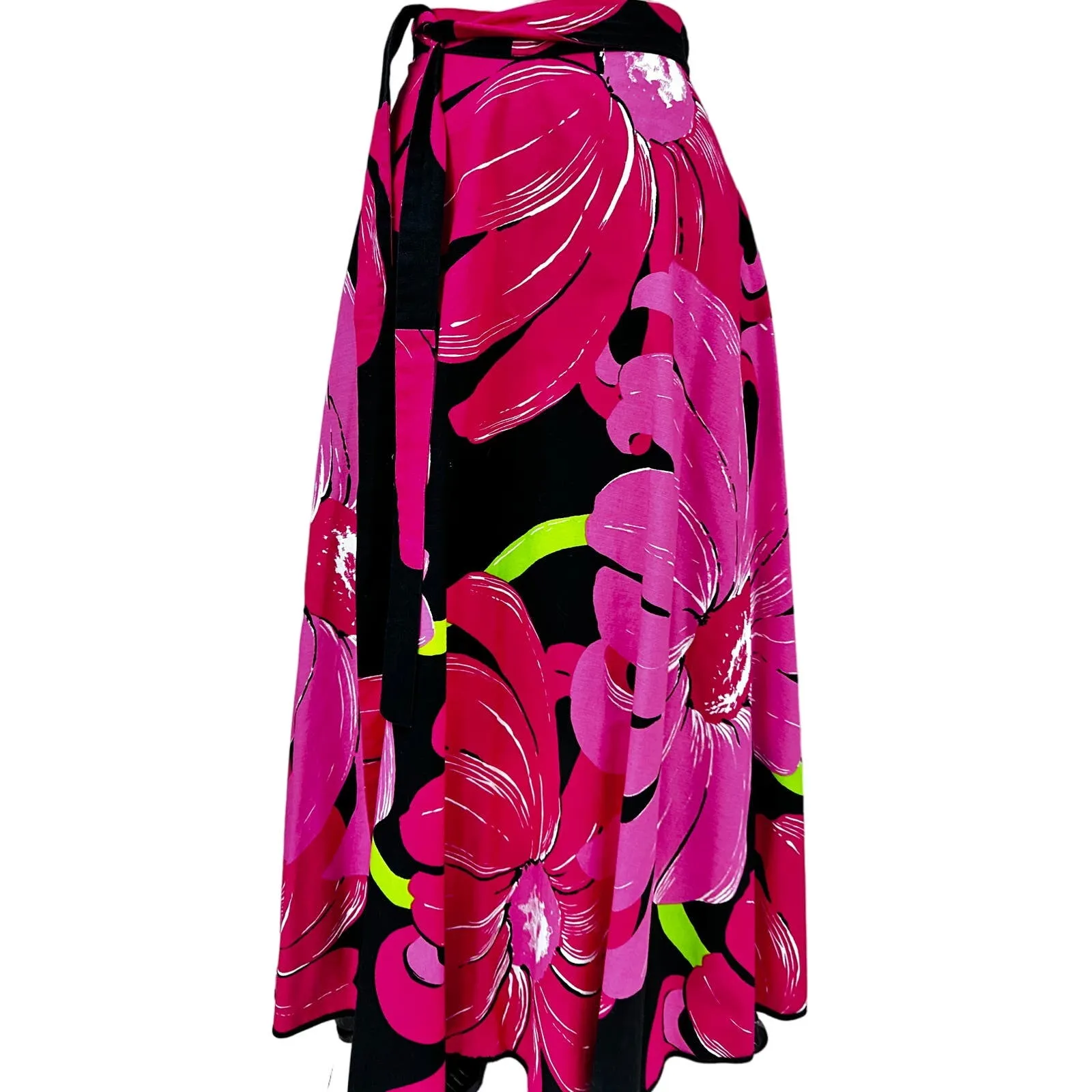Stunning 70s VTG Hot Pink & Black Floral Wrap Maxi Skirt Marimekko Style O/S