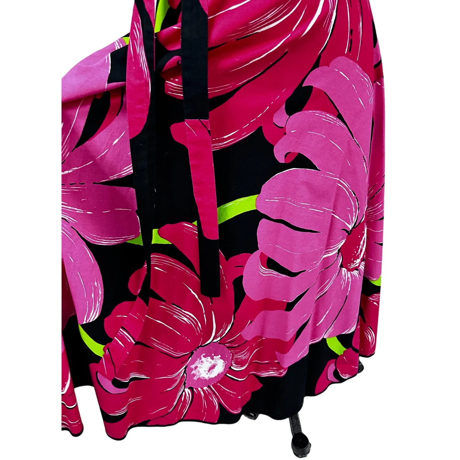 Stunning 70s VTG Hot Pink & Black Floral Wrap Maxi Skirt Marimekko Style O/S