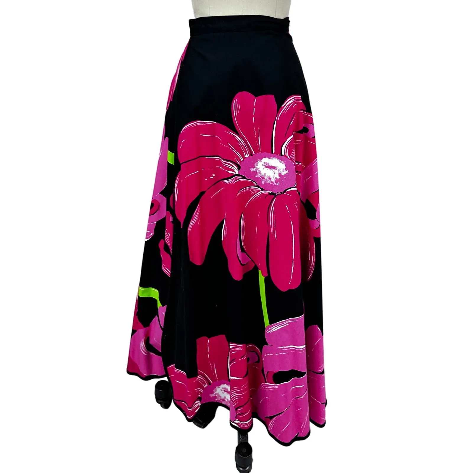 Stunning 70s VTG Hot Pink & Black Floral Wrap Maxi Skirt Marimekko Style O/S