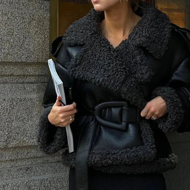 Tashi Faux Lambs Wool Shearling Biker Jacket