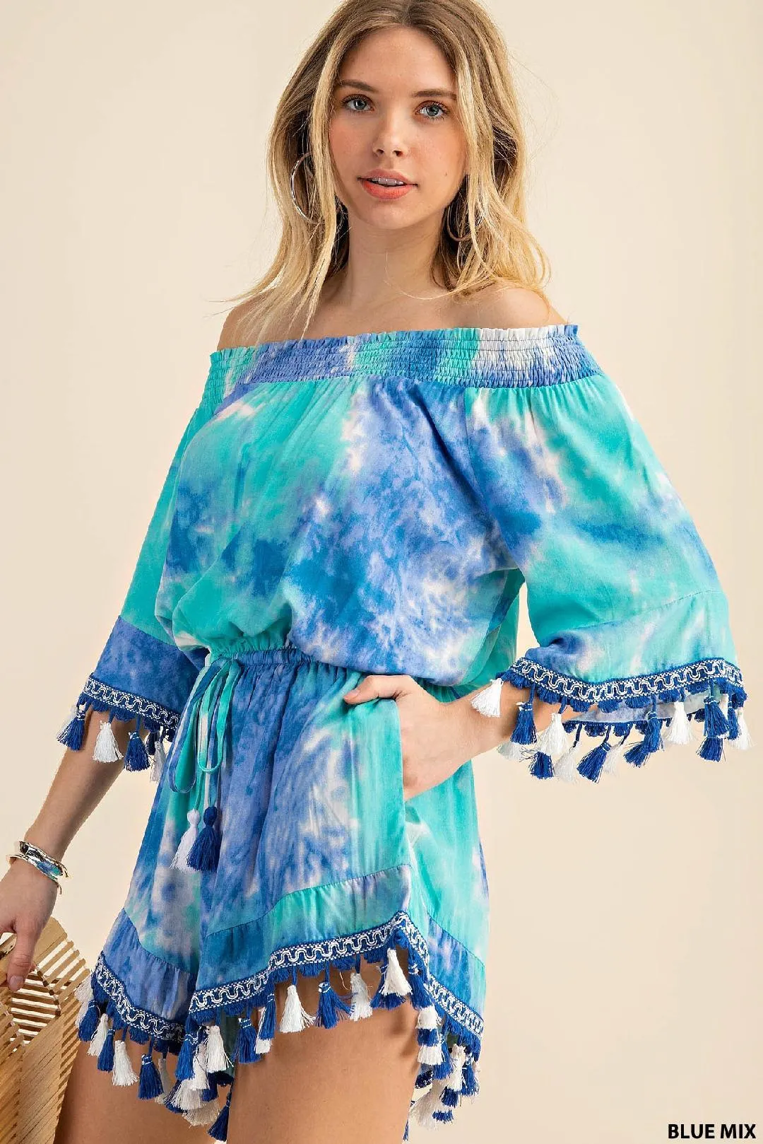 Tie Dye Off Shoulder Romper with Tassels