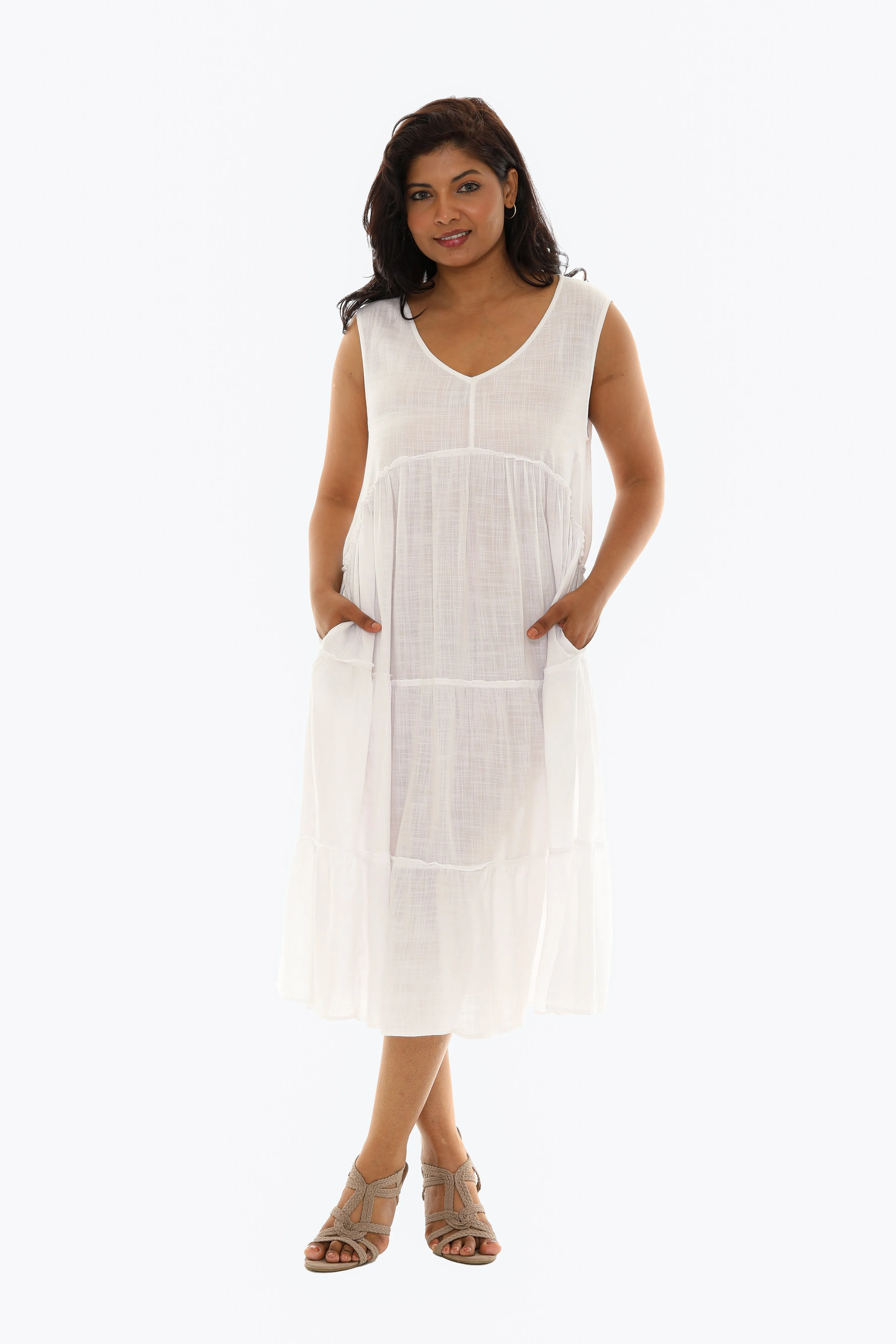 Tiered V Neck Midi Dress