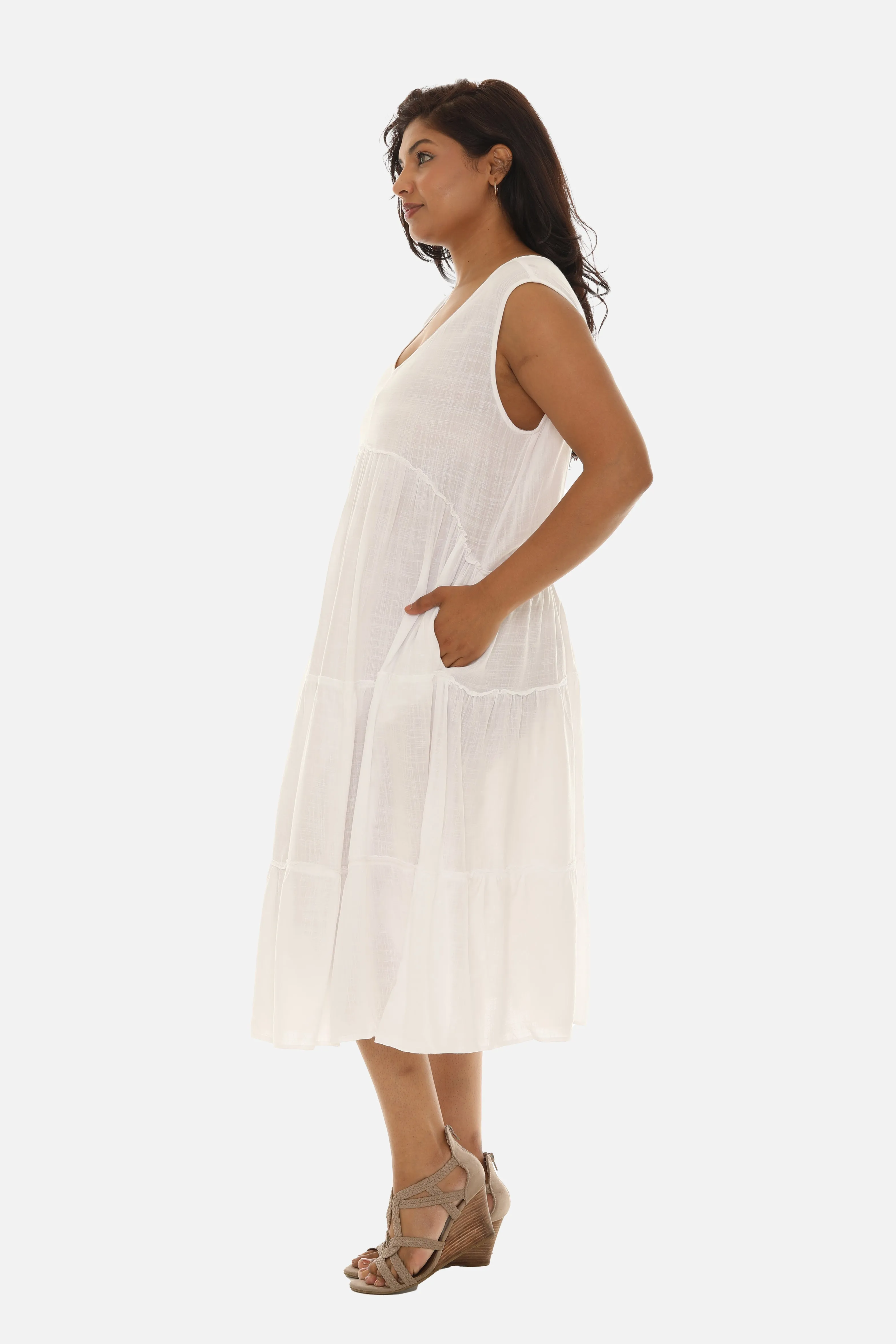 Tiered V Neck Midi Dress