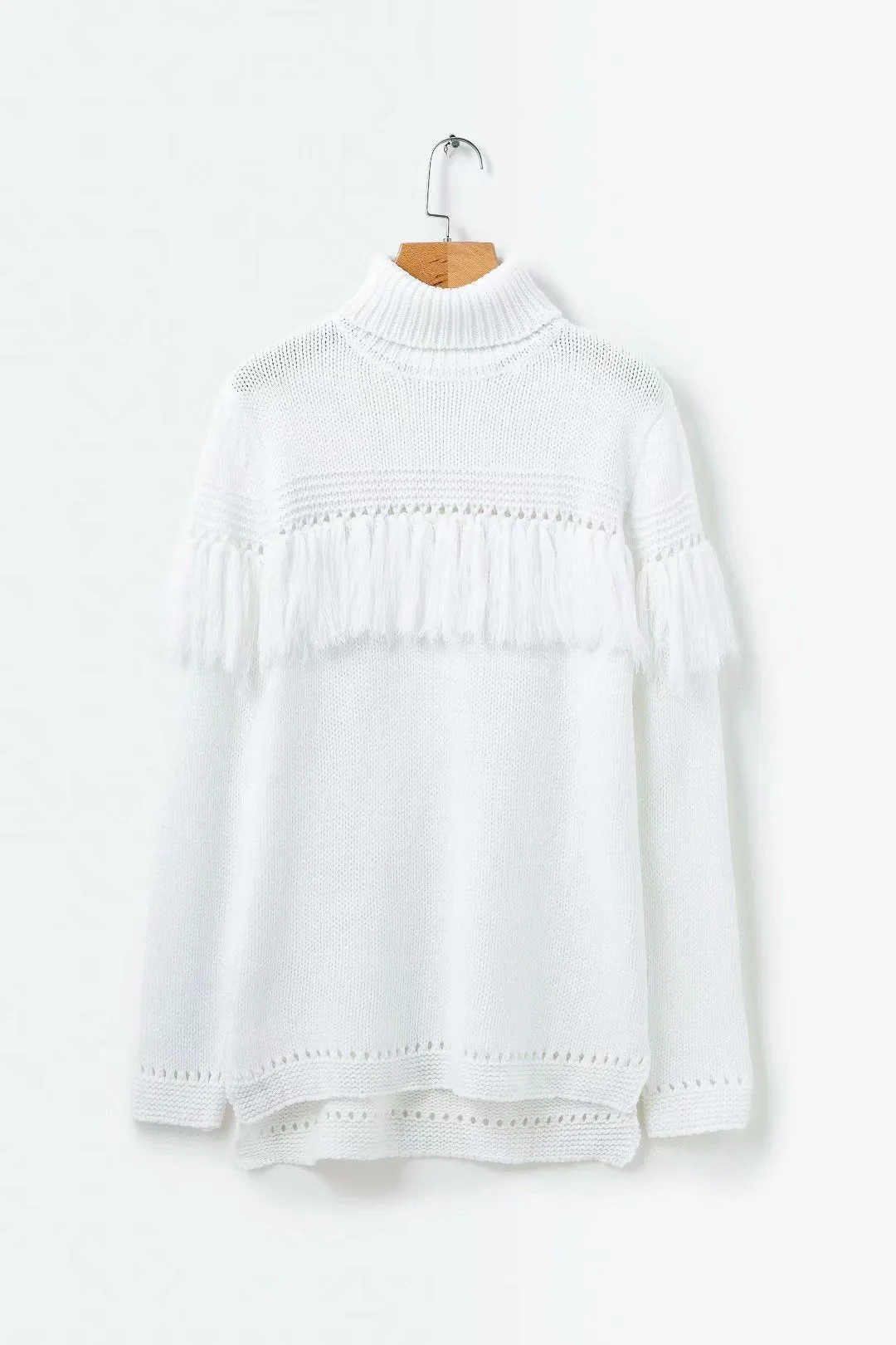 Turtleneck Tessles Hollow Out Split Women Pullover White Long Oversized Sweater