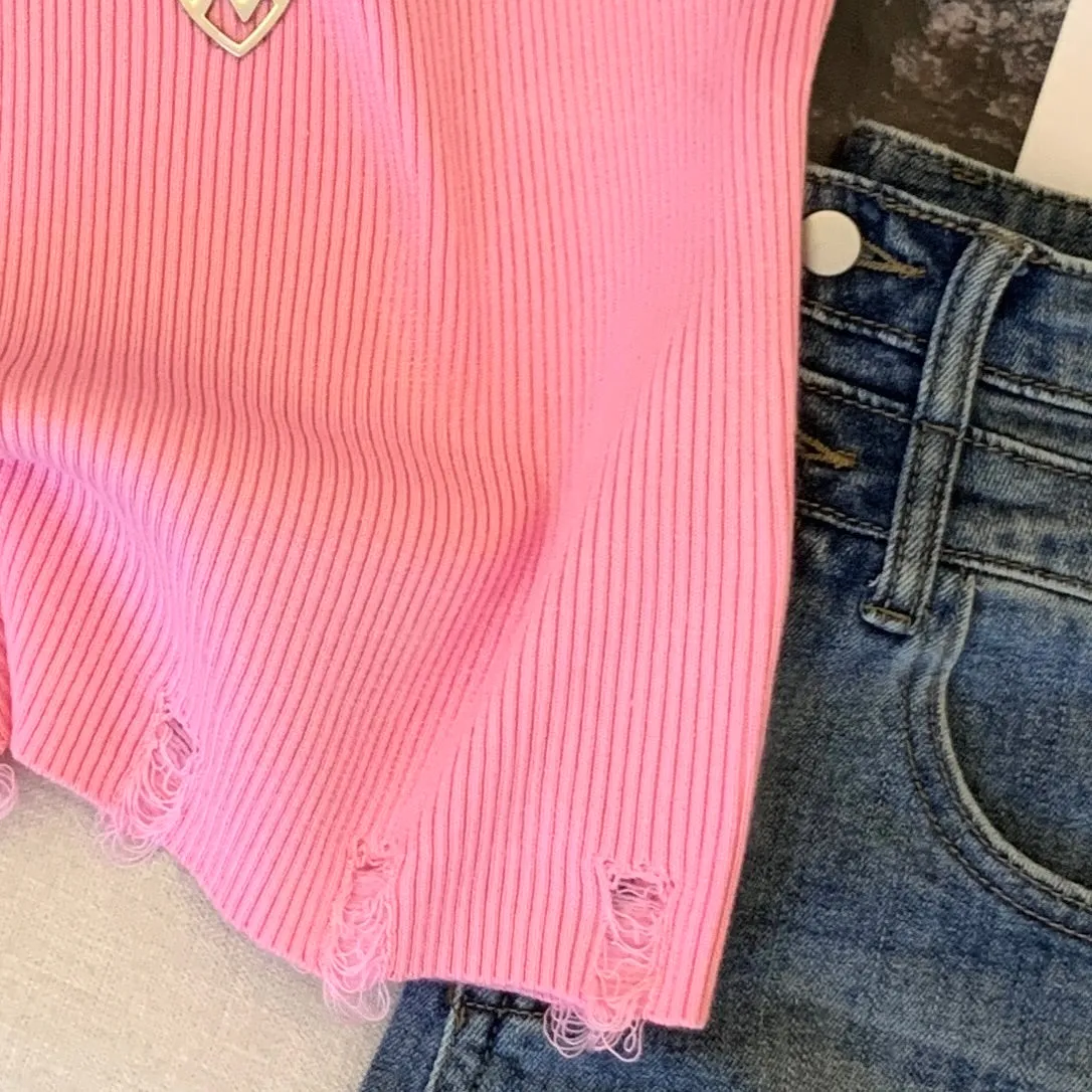 U-neck Ripped Striped Knitted Vest