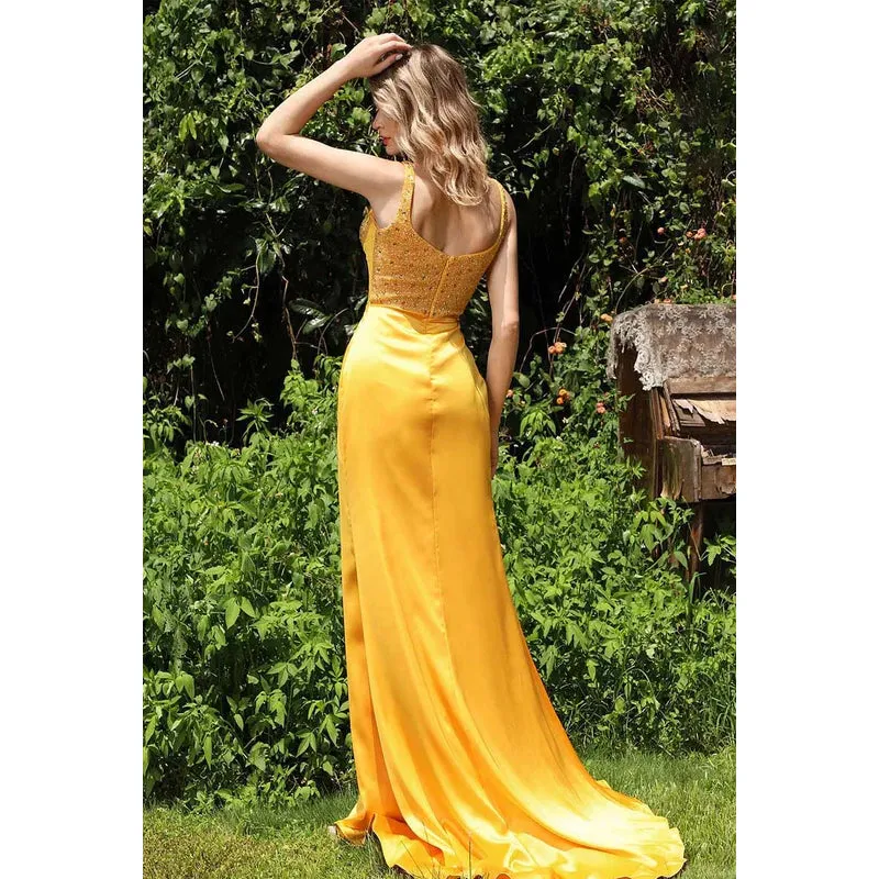 V-Neck Sequined Beaded Sheath Long Prom Evening Gown With Slit