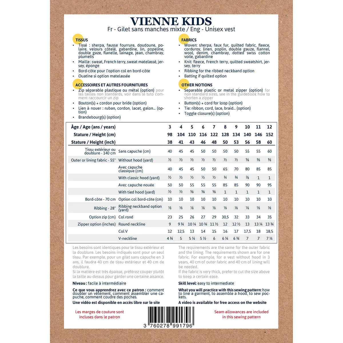 VIENNE KIDS Vest - 3/12y - Paper Sewing Pattern
