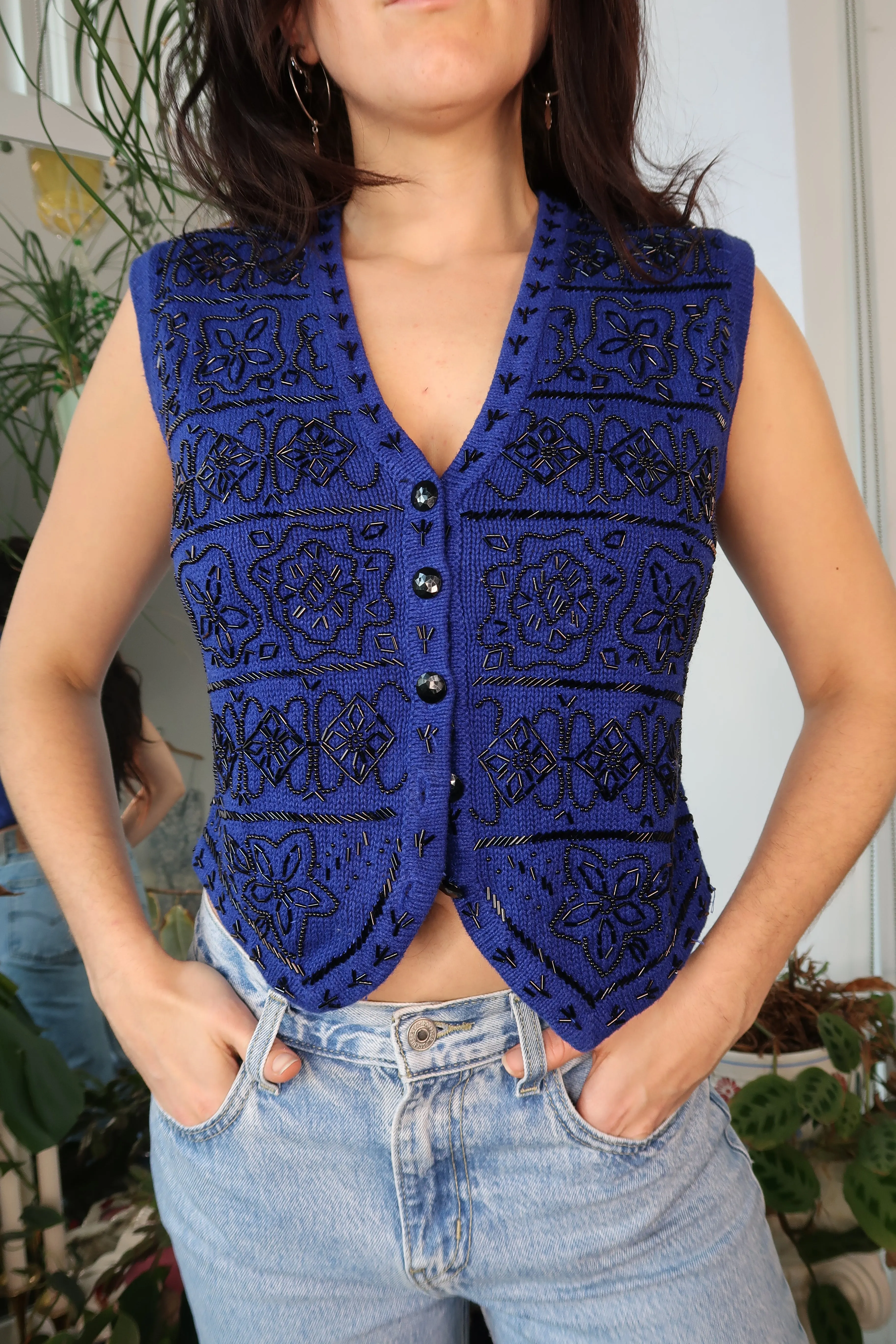 Vintage Beaded Blue Knit Sweater Vest