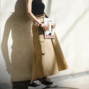 Vintage Long Skirts for Women Japanese Fashion Solid Color High Waist Cargo Skirt Outdoor Loose Streetwear Pocket Clothes