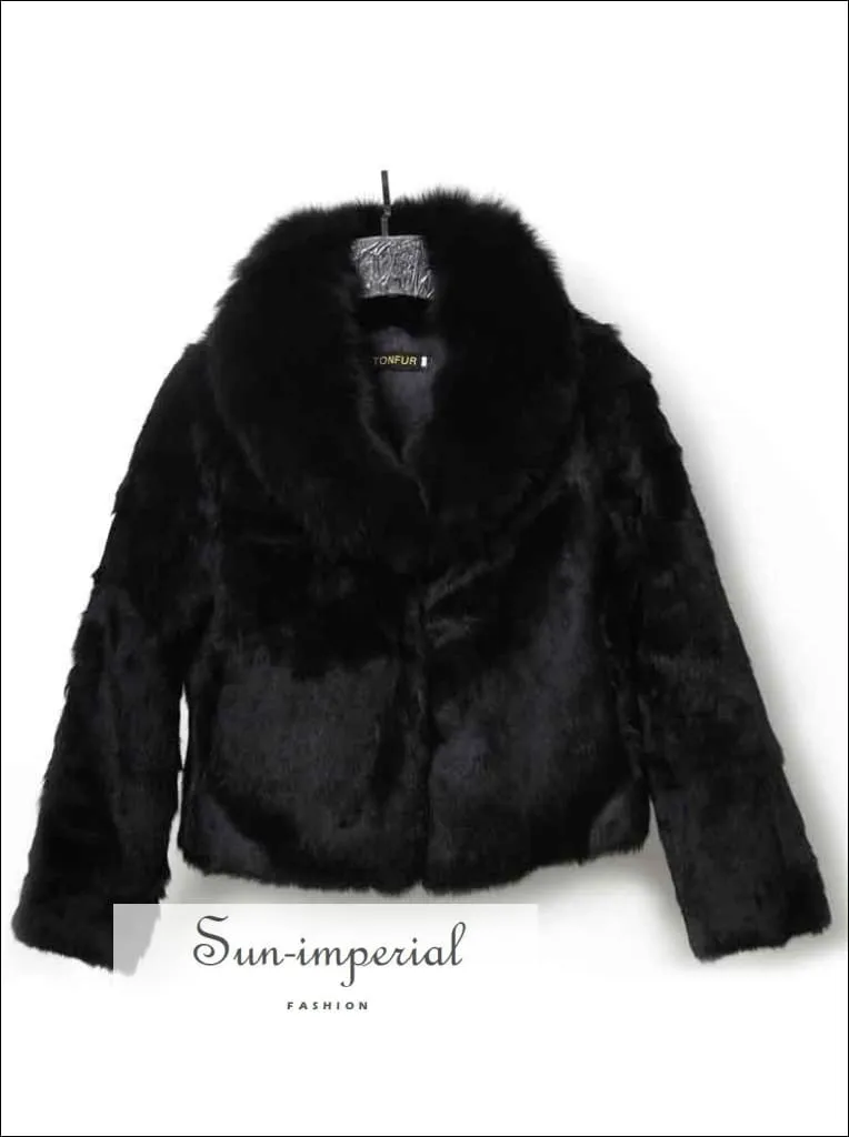 Women Black Natural Soft Rabbit Fur Coat with Big Fluffy Collar Drop Jacket