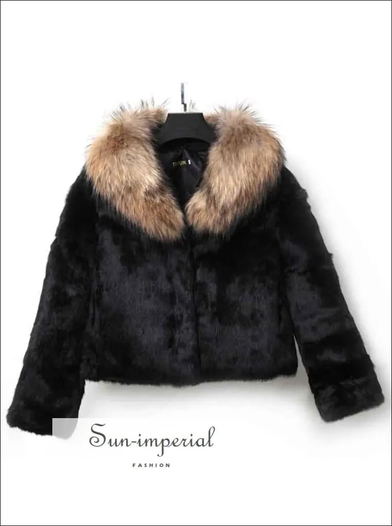 Women Black Natural Soft Rabbit Fur Coat with Big Fluffy Collar Drop Jacket