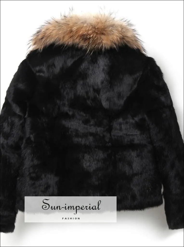 Women Black Natural Soft Rabbit Fur Coat with Big Fluffy Collar Drop Jacket