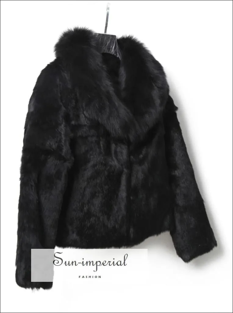 Women Black Natural Soft Rabbit Fur Coat with Big Fluffy Collar Drop Jacket