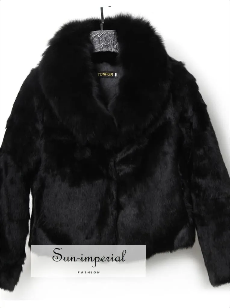 Women Black Natural Soft Rabbit Fur Coat with Big Fluffy Collar Drop Jacket