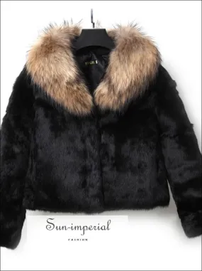 Women Black Natural Soft Rabbit Fur Coat with Big Fluffy Collar Drop Jacket