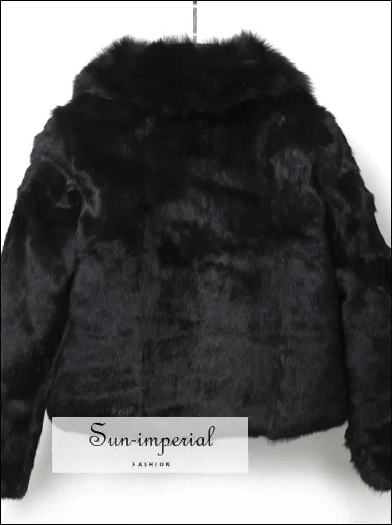 Women Black Natural Soft Rabbit Fur Coat with Big Fluffy Collar Drop Jacket