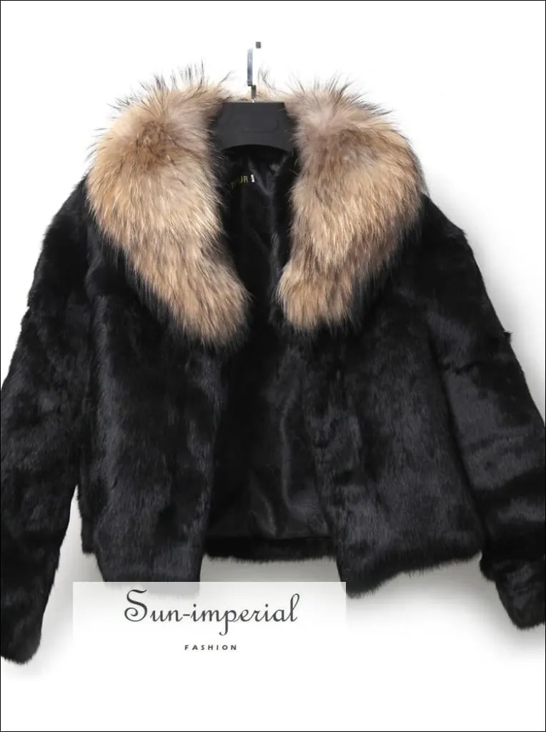 Women Black Natural Soft Rabbit Fur Coat with Big Fluffy Collar Drop Jacket