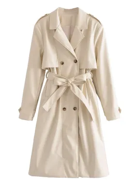 Women's Belted Trench Coat with Button Decoration
