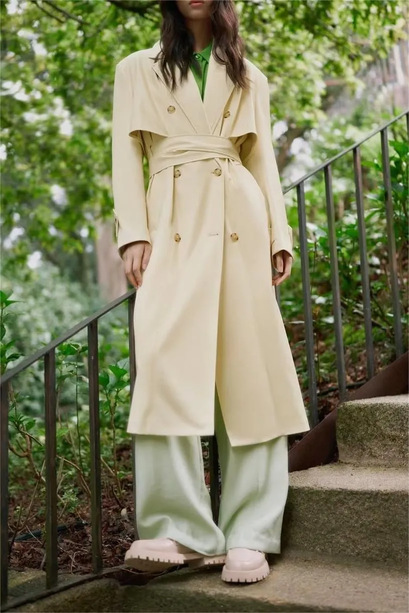 Women's Belted Trench Coat with Button Decoration