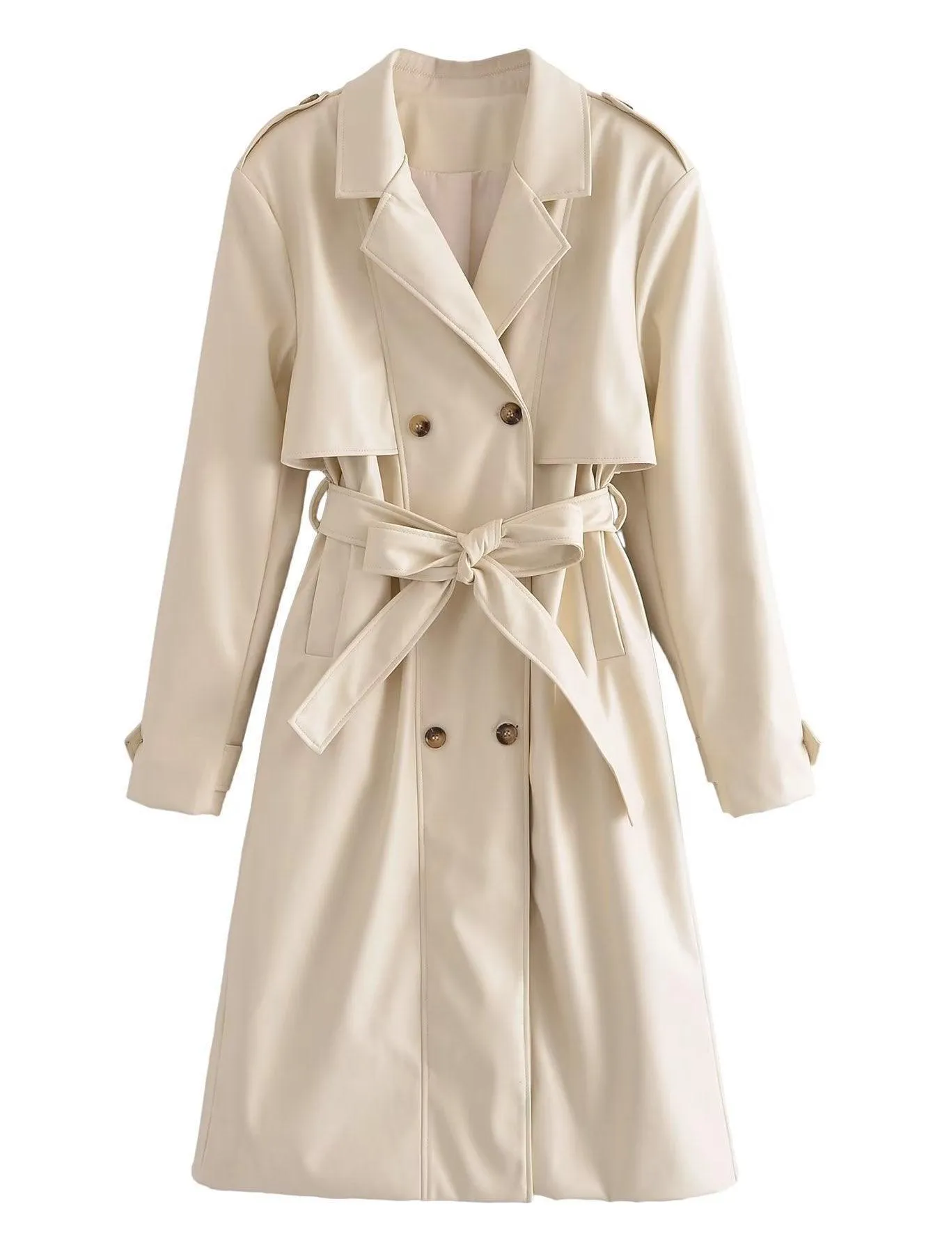 Women's Belted Trench Coat with Button Decoration