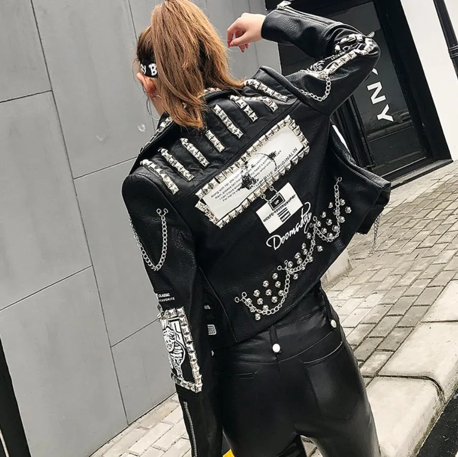 Women’s Cropped Punk Rock Studded leather Jacket
