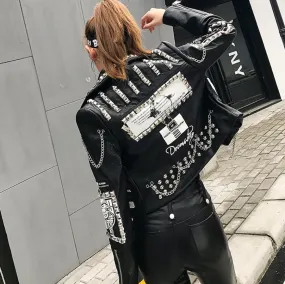 Women’s Cropped Punk Rock Studded leather Jacket