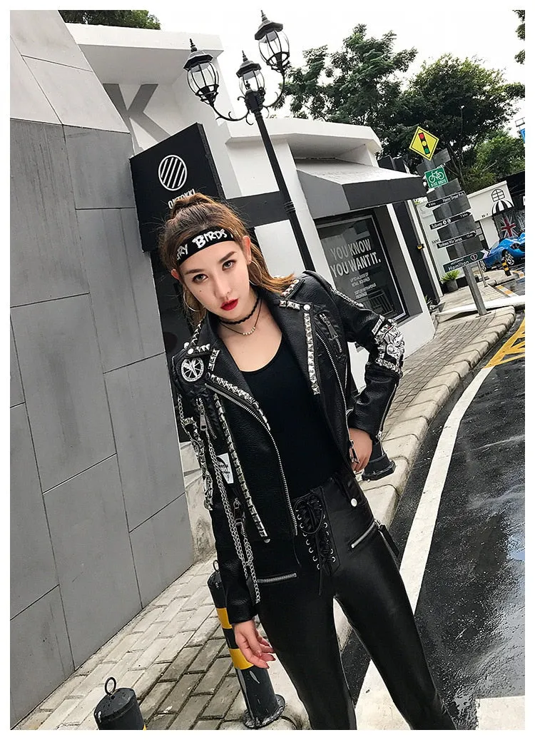 Women’s Cropped Punk Rock Studded leather Jacket