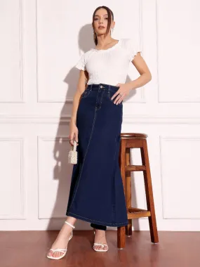 Women's Dark Blue Flared High-Rise Stretchable Denim Maxi Skirt